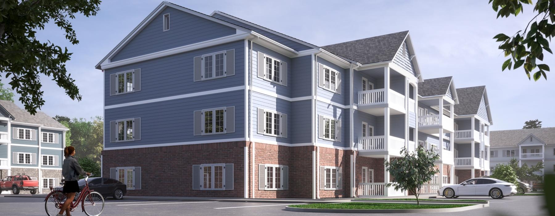 Exterior rendering of The Rivi's apartment community